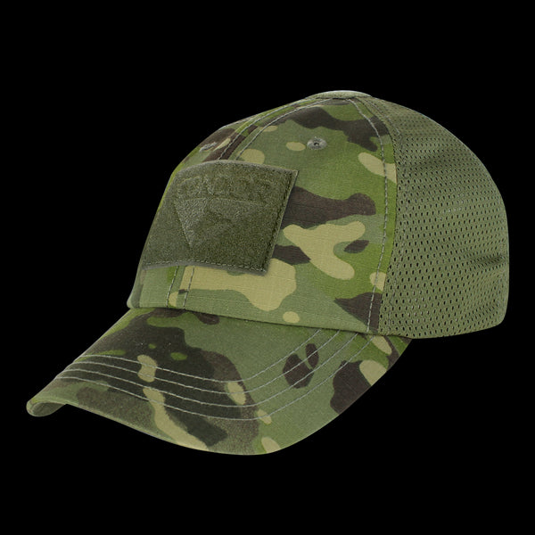 The Condor Tactical Mesh Cap in MultiCam Tropic features moisture-wicking mesh back panels and a front velcro patch, shown from the front.