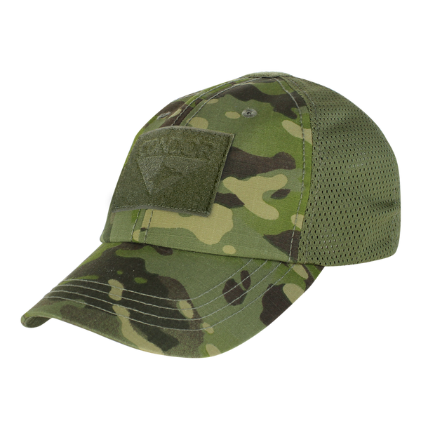 The Condor Tactical Mesh Cap in MultiCam Tropic features moisture-wicking mesh back panels and a front velcro patch, shown from the front.