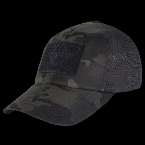 The Condor Tactical Mesh Cap in MultiCam Black features a breathable mesh back and a velcro front patch.