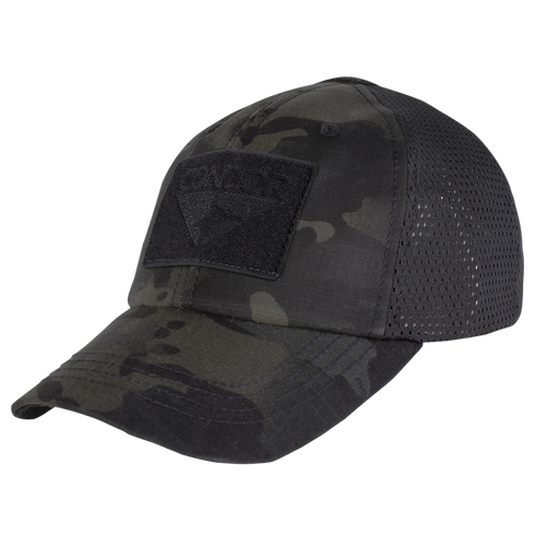 The Condor Tactical Mesh Cap in MultiCam Black features a breathable mesh back and a velcro front patch.