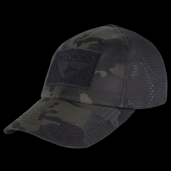 The Condor Tactical Mesh Cap in MultiCam Black features a breathable mesh back and a velcro front patch.