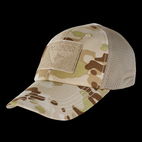 The Condor Tactical Mesh Cap - MultiCam Arid features a mesh back and front Velcro patch, ideal for EDC enthusiasts or law enforcement professionals.