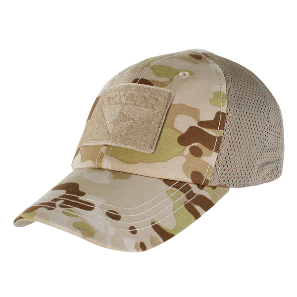 The Condor Tactical Mesh Cap - MultiCam Arid features a mesh back and front Velcro patch, ideal for EDC enthusiasts or law enforcement professionals.