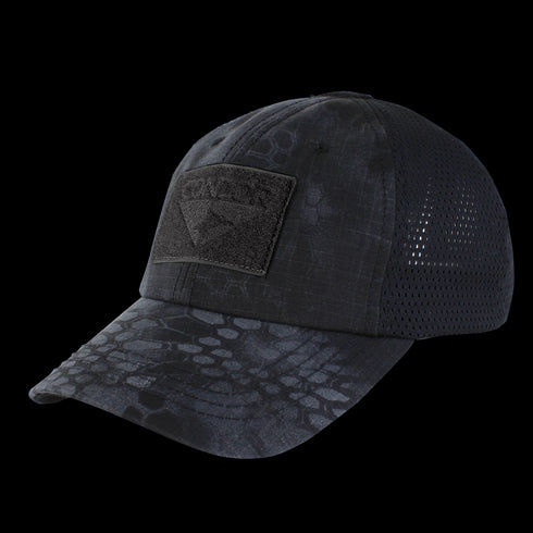 The Condor Tactical Mesh Cap in Kryptek Typhon features a subtle snakeskin pattern, mesh back panels, and a rectangular Velcro patch on the front.