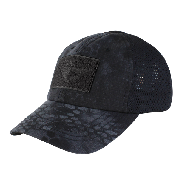 The Condor Tactical Mesh Cap in Kryptek Typhon features a subtle snakeskin pattern, mesh back panels, and a rectangular Velcro patch on the front.
