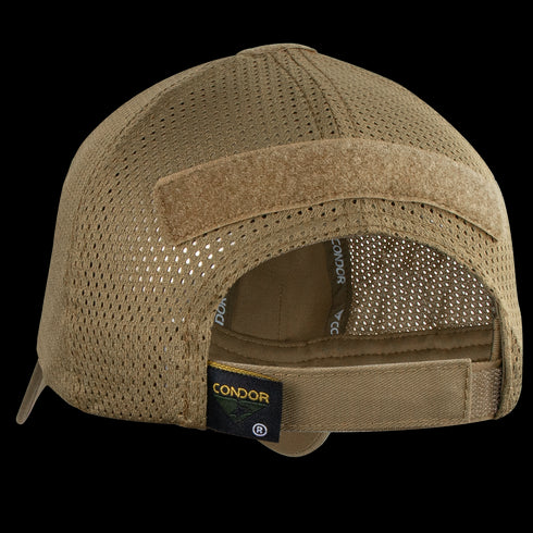 Condor Tactical Mesh Cap shown from the back, featuring an adjustable velcro strap, velcro patch area, moisture-wicking polyester mesh panels, and Condor branding.
