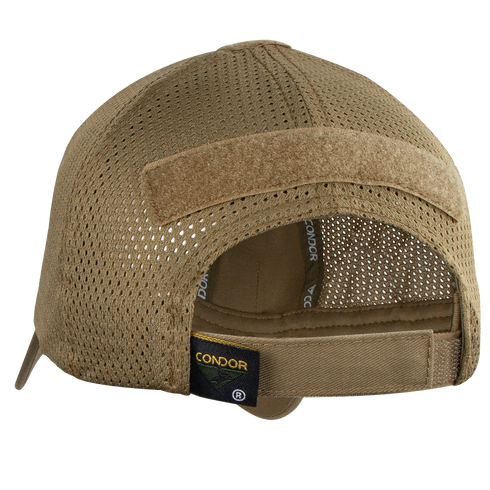 Condor Tactical Mesh Cap shown from the back, featuring an adjustable velcro strap, velcro patch area, moisture-wicking polyester mesh panels, and Condor branding.