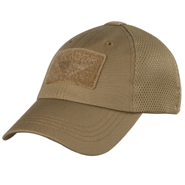 The Condor Tactical Mesh Cap in coyote brown features a mesh back, front Velcro patch, adjustable strap for comfort, and is shown from a side angle.