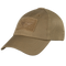The Condor Tactical Mesh Cap in coyote brown features a mesh back, front Velcro patch, adjustable strap for comfort, and is shown from a side angle.