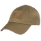 The Condor Tactical Mesh Cap in coyote brown features a mesh back, front Velcro patch, adjustable strap for comfort, and is shown from a side angle.