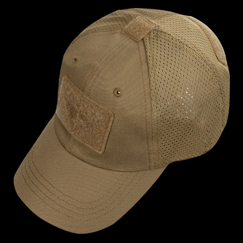 The Condor Tactical Mesh Cap features khaki polyester with side and back mesh panels, a front rectangular Velcro patch, adjustable strap, and moisture-wicking fabric to keep you cool and comfortable.