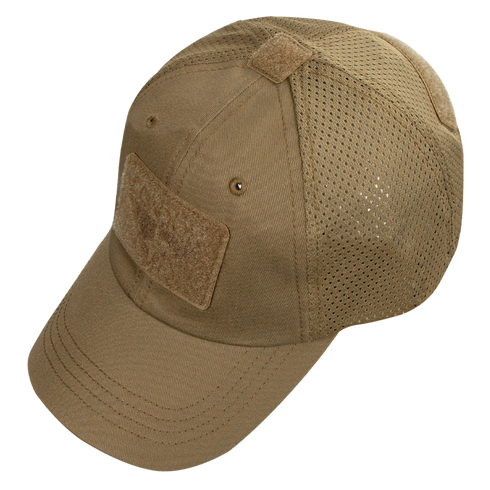The Condor Tactical Mesh Cap features khaki polyester with side and back mesh panels, a front rectangular Velcro patch, adjustable strap, and moisture-wicking fabric to keep you cool and comfortable.