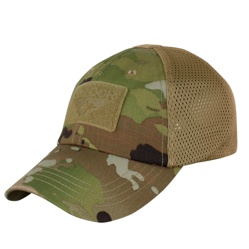 The Condor Tactical Mesh Cap - Scorpion OCP features a curved brim, mesh back panels, and a front Velcro patch—ideal for first responders or trips to the shooting range.