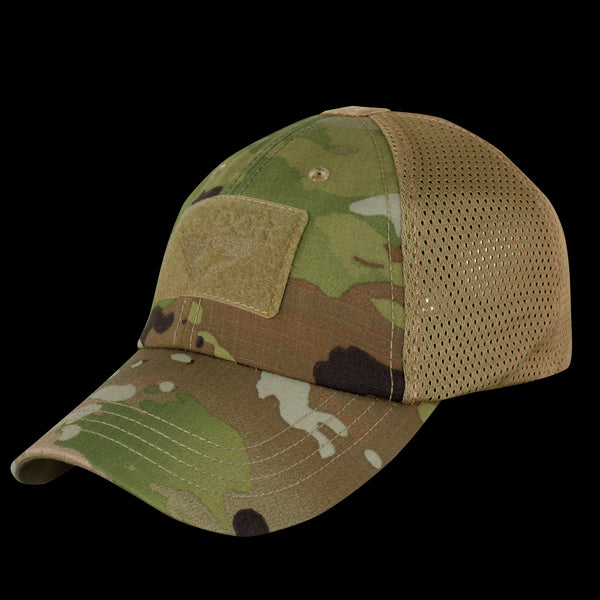 The Condor Tactical Mesh Cap - Scorpion OCP features a curved brim, mesh back panels, and a front Velcro patch—ideal for first responders or trips to the shooting range.