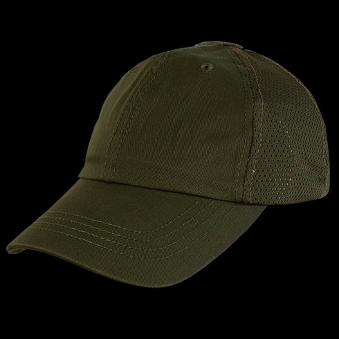 The Condor Tactical Team Mesh Cap is an olive green baseball cap with a curved brim and mesh back panels, inspired by classic military style, shown on a white background.