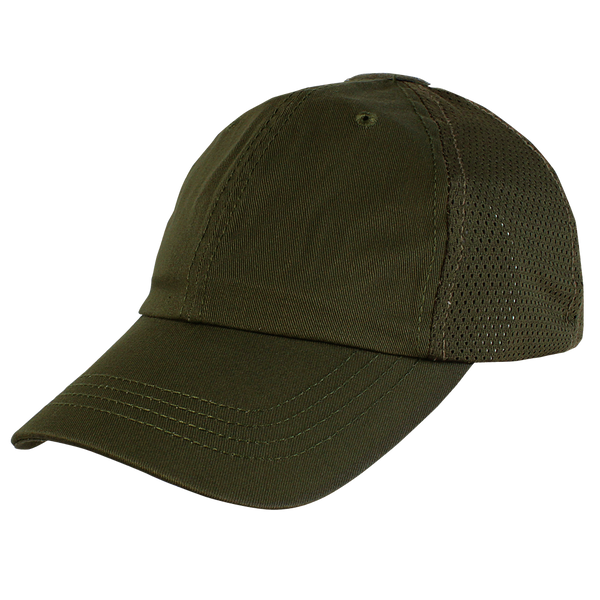 The Condor Tactical Team Mesh Cap is an olive green baseball cap with a curved brim and mesh back panels, inspired by classic military style, shown on a white background.