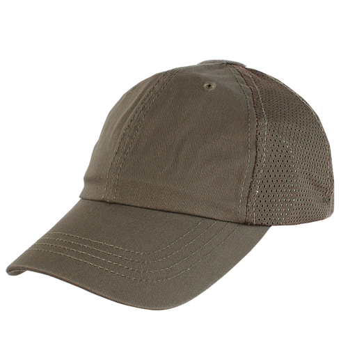The Condor Tactical Team Mesh Cap is a brown baseball cap with a curved brim and back mesh panels, inspired by classic military style.