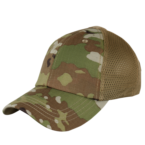 The Condor Tactical Team Mesh Cap features a Scorpion OCP camouflage pattern, a curved brim, and mesh back panels.