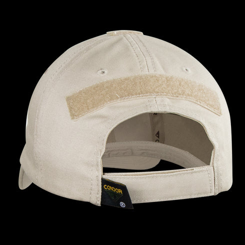 The Condor Tactical Team Cap in beige is shown from the back, featuring an adjustable strap and a rectangular Velcro patch—ideal for everyday carry or law enforcement professionals.