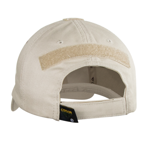 The Condor Tactical Team Cap in beige is shown from the back, featuring an adjustable strap and a rectangular Velcro patch—ideal for everyday carry or law enforcement professionals.