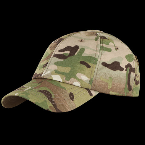 The Condor Tactical Team Cap in MultiCam features a curved brim, adjustable strap, and a green, brown, tan, and black camouflage pattern.