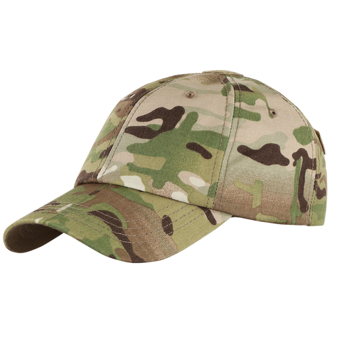 The Condor Tactical Team Cap in MultiCam features a curved brim, adjustable strap, and a green, brown, tan, and black camouflage pattern.