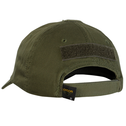 The Condor Tactical Cap - MultiCam Arid is shown from the back, highlighting its adjustable strap, Velcro patch, and ventilation eyelets.
