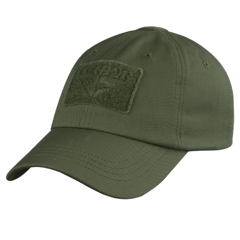 The Condor Tactical Cap is an olive green baseball cap featuring a curved brim, visible stitching, and a front rectangular patch displaying the brand name.
