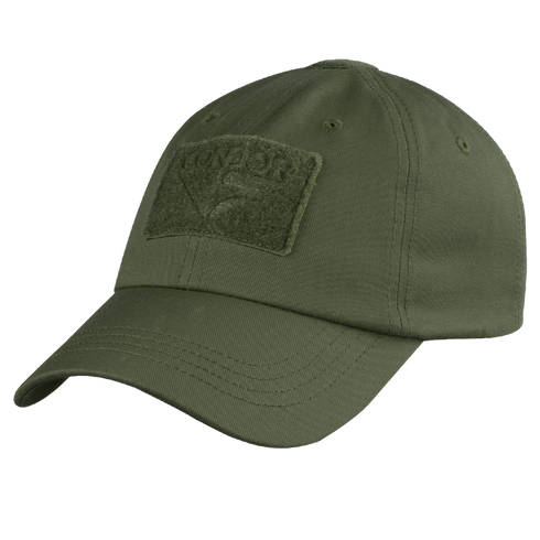 The Condor Tactical Cap is an olive green baseball cap featuring a curved brim, visible stitching, and a front rectangular patch displaying the brand name.
