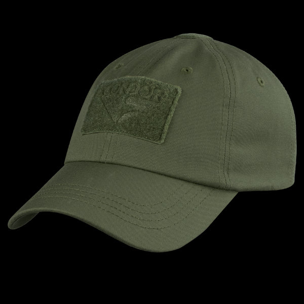 The Condor Tactical Cap is an olive green baseball cap featuring a curved brim, visible stitching, and a front rectangular patch displaying the brand name.