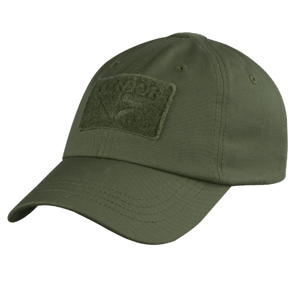 The Condor Tactical Cap is an olive green baseball cap featuring a curved brim, visible stitching, and a front rectangular patch displaying the brand name.
