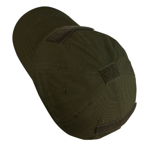 The Condor Tactical Cap - MultiCam Arid is shown from the back, featuring an olive green shade, a curved brim, and multiple Velcro patches.