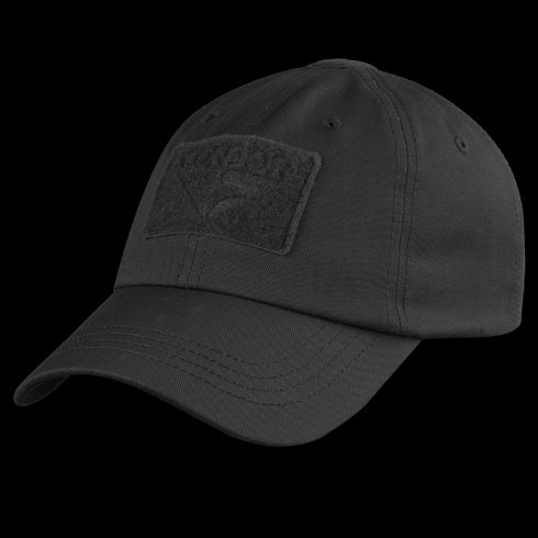 The Condor Tactical Cap is a black baseball cap featuring a curved brim and a rectangular front patch.
