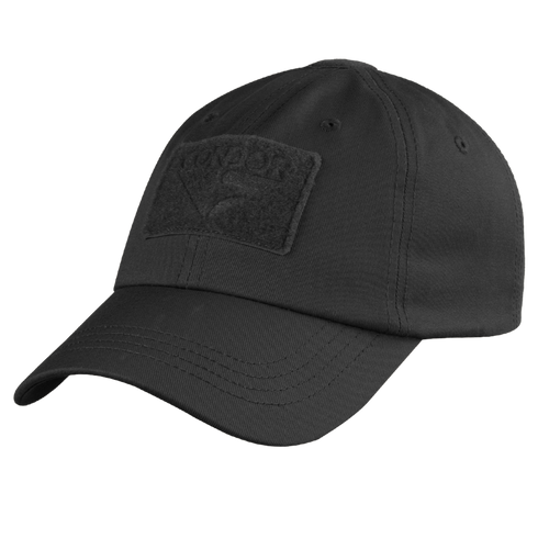 The Condor Tactical Cap is a black baseball cap featuring a curved brim and a rectangular front patch.