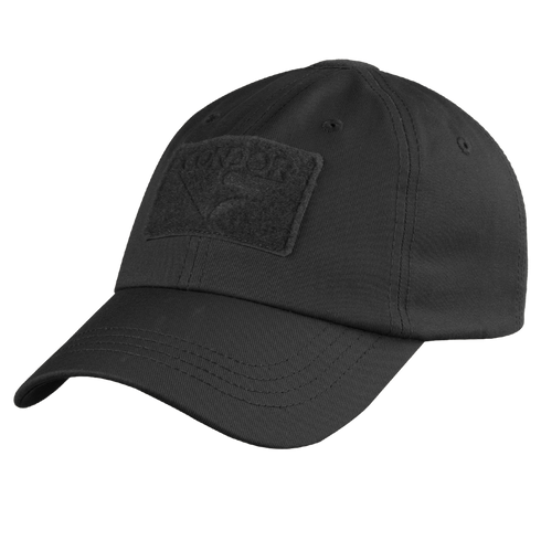 The Condor Tactical Cap is a black baseball cap featuring a curved brim and a rectangular front patch.