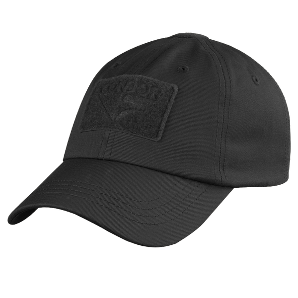 The Condor Tactical Cap is a black baseball cap featuring a curved brim and a rectangular front patch.