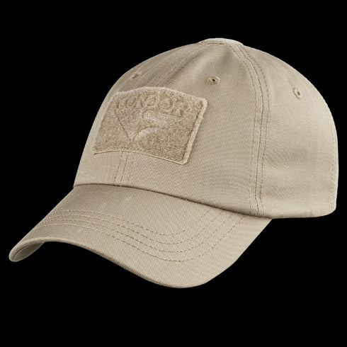 The Condor Tactical Cap is a tan baseball cap featuring a curved brim, top eyelets, and a rectangular front patch with a subtle logo design.