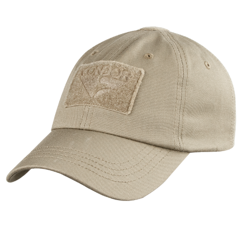 The Condor Tactical Cap is a tan baseball cap featuring a curved brim, top eyelets, and a rectangular front patch with a subtle logo design.