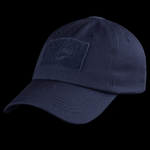 The Condor Tactical Cap is a navy blue baseball cap with a curved brim, stitched eyelets, and a rectangular patch on the front.