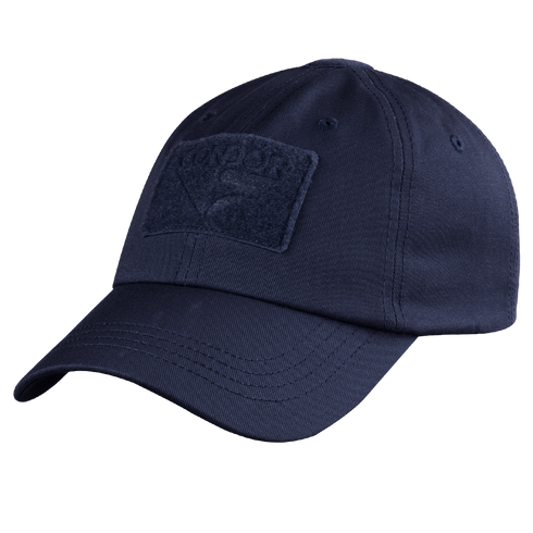 The Condor Tactical Cap is a navy blue baseball cap with a curved brim, stitched eyelets, and a rectangular patch on the front.
