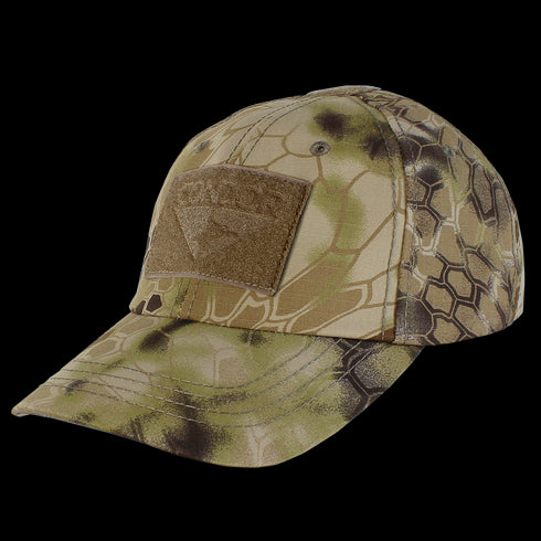 The Condor Tactical Cap - Kryptek Highlander features a camouflage design with a rectangular Velcro patch on the front.