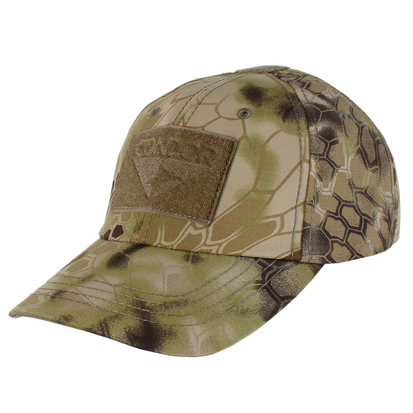 The Condor Tactical Cap - Kryptek Highlander features a camouflage design with a rectangular Velcro patch on the front.