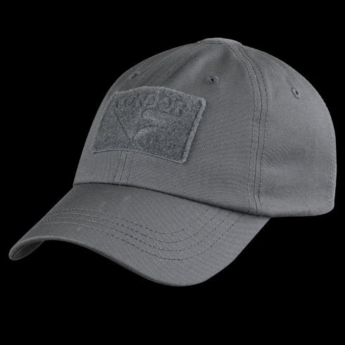 The Condor Tactical Cap is a gray cap featuring visible stitching, crown eyelets, and a rectangular front patch.