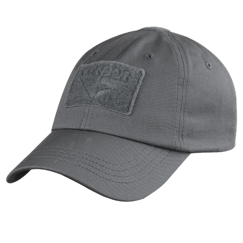 The Condor Tactical Cap is a gray cap featuring visible stitching, crown eyelets, and a rectangular front patch.