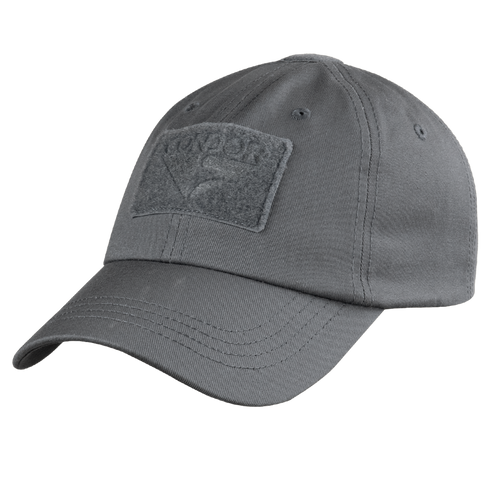 The Condor Tactical Cap is a gray cap featuring visible stitching, crown eyelets, and a rectangular front patch.