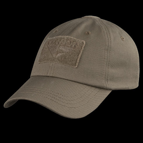 The Condor Tactical Cap is a khaki baseball cap featuring reinforced eyelets and a rectangular front patch.