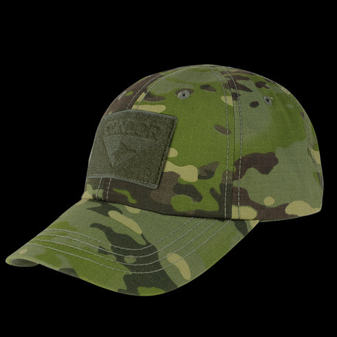 The Condor Tactical Cap - MultiCam Tropic features a front Velcro patch and stitched brim detail, shown against a white background.