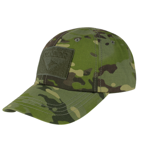 The Condor Tactical Cap - MultiCam Tropic features a front Velcro patch and stitched brim detail, shown against a white background.