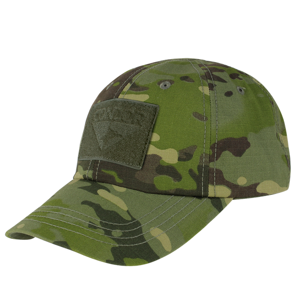 The Condor Tactical Cap - MultiCam Tropic features a front Velcro patch and stitched brim detail, shown against a white background.