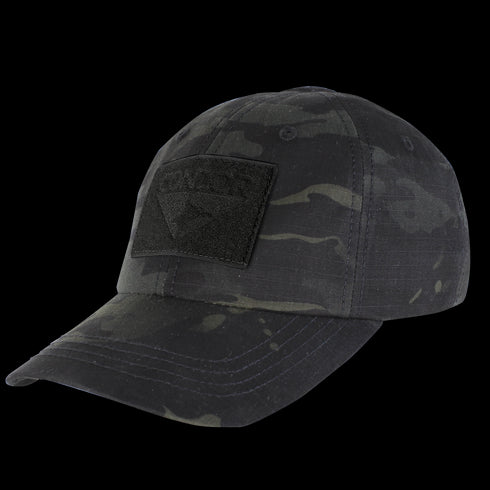 The Condor Tactical Cap - MultiCam Black features a black and grey camo design with a front rectangular patch, ideal for military enthusiasts or everyday EDC use.